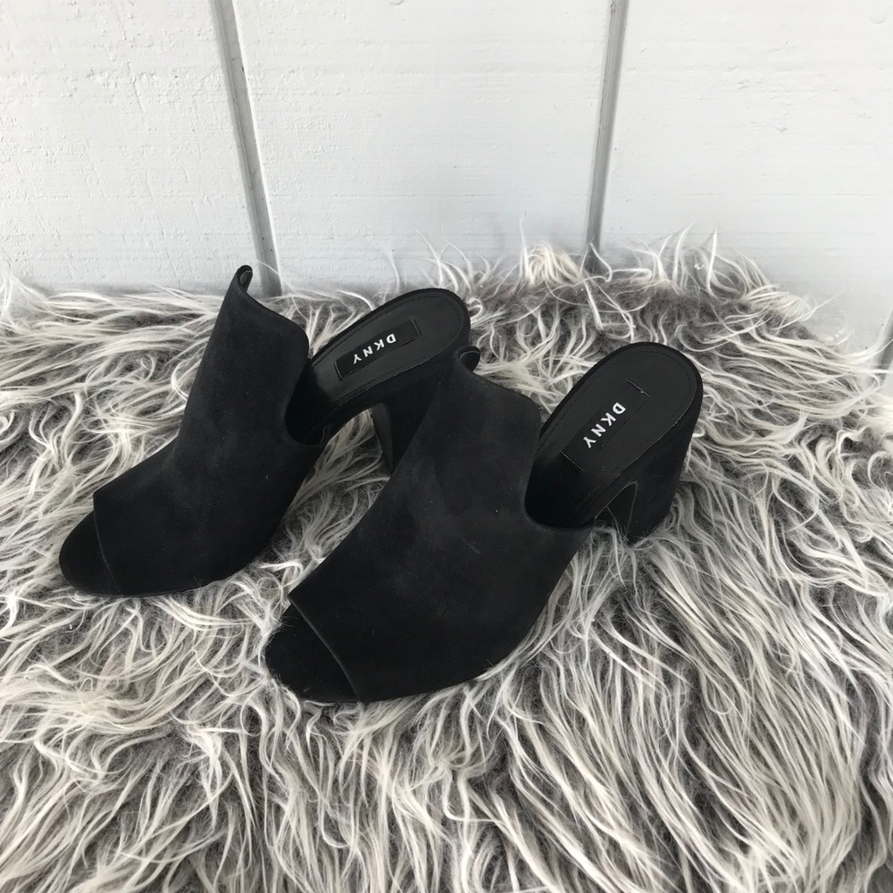 DKNY Black Suede Mules Minimalist Design
